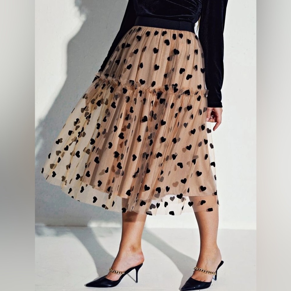 Frill Trim Heart Mesh Overlay Midi Skirt